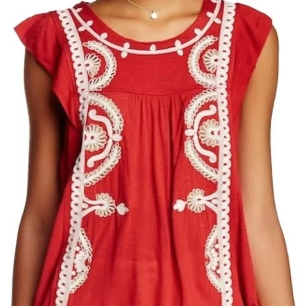 Free People Dos Segundos Red Embroidered Boho Top Size XS